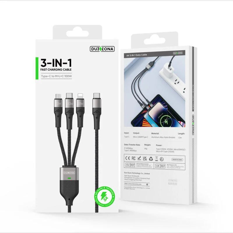 100W- 3 in 1 Super Fast Charging Data Cable
